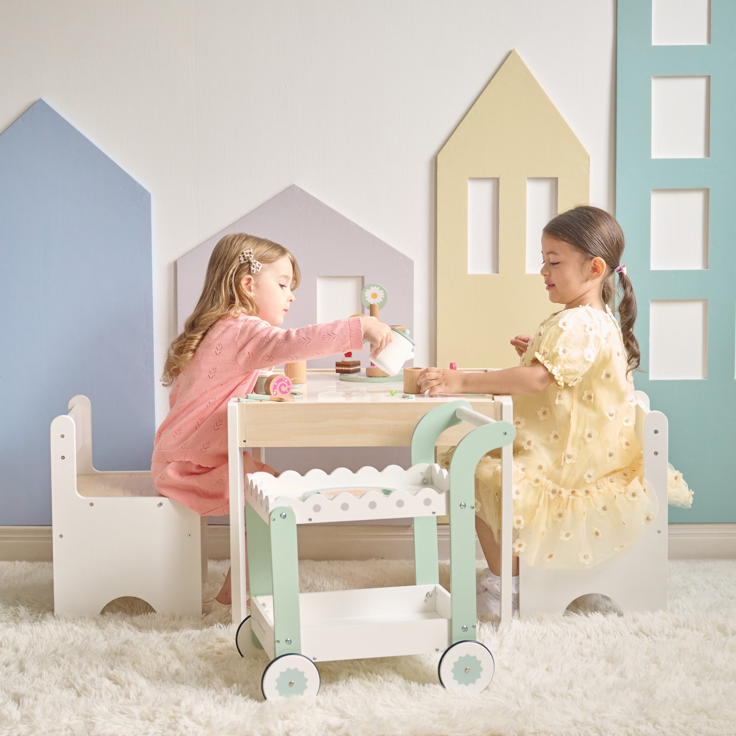Afternoon Sip Wood Dessert Cart with 21 Pieces & Rotatable Wheels - Image 3