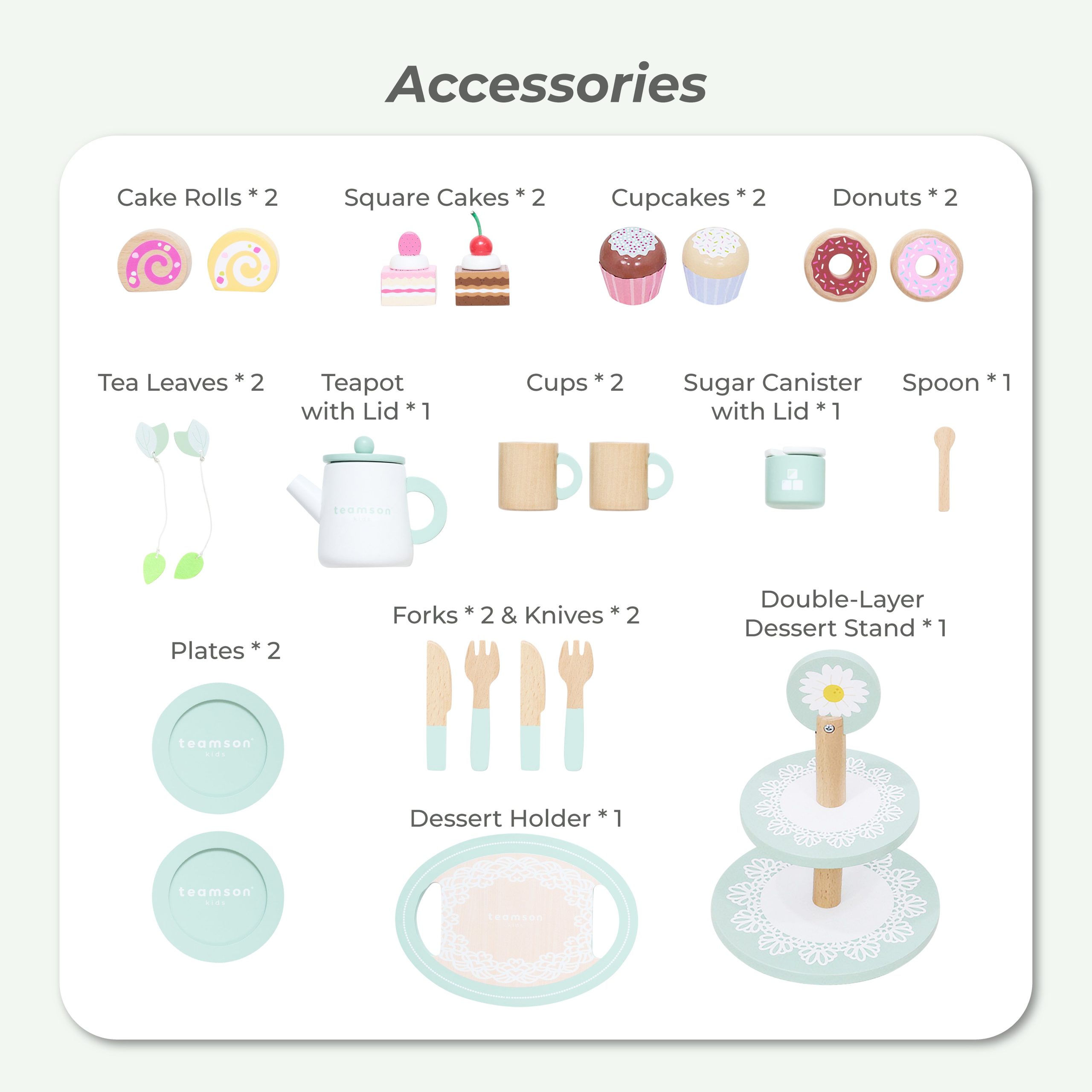 Afternoon Sip Wood Dessert Cart with 21 Pieces & Rotatable Wheels - Image 6