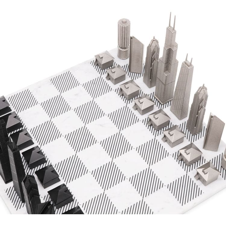 Chicago Edition Stainless Steel Chess Set with Marble Hatch Board - Image 2