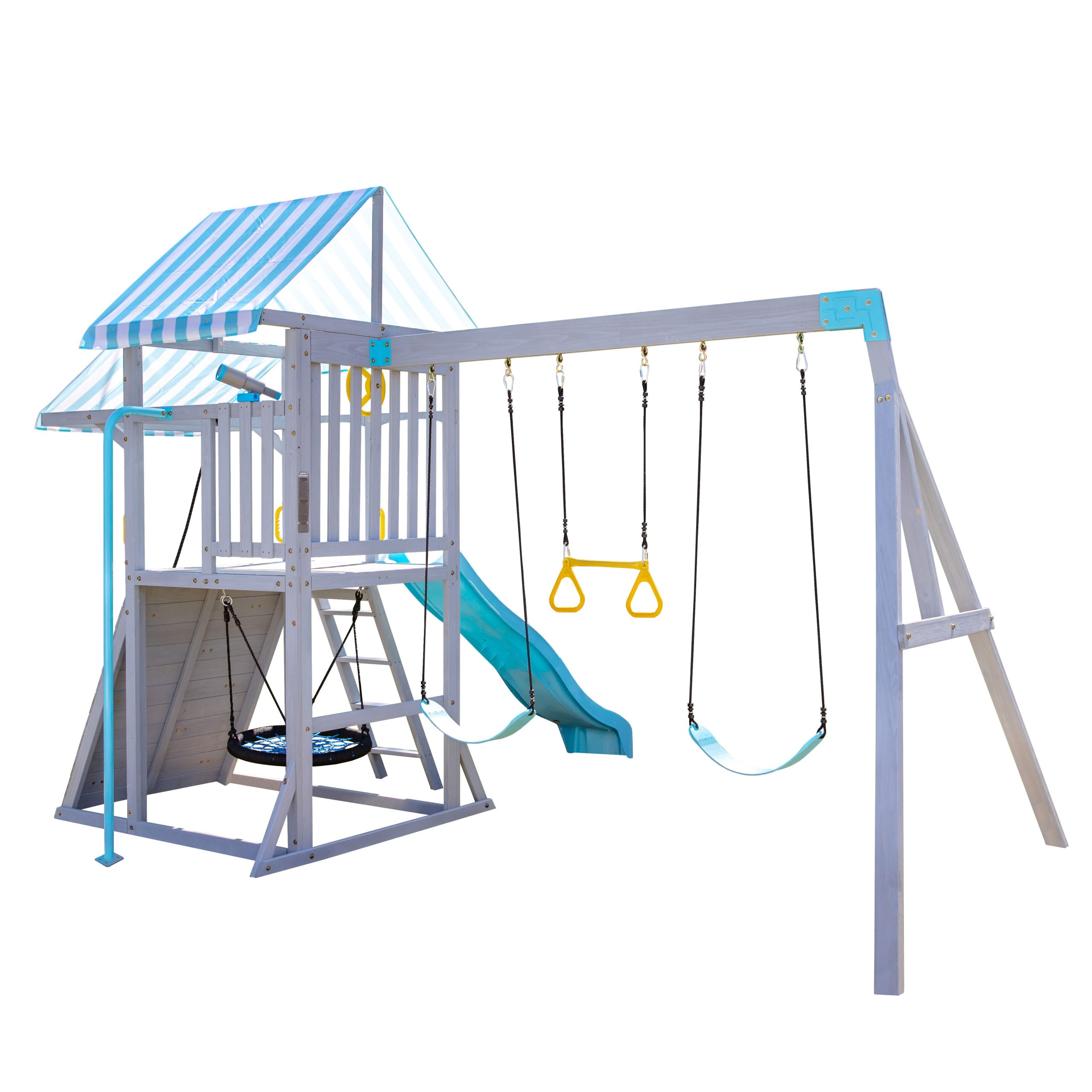 Laguna Wooden Swing Set with Slide & Rock Wall - Gray