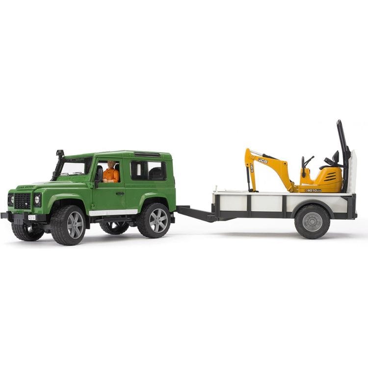 Land Rover with Trailer. Worker & JCB Excavator