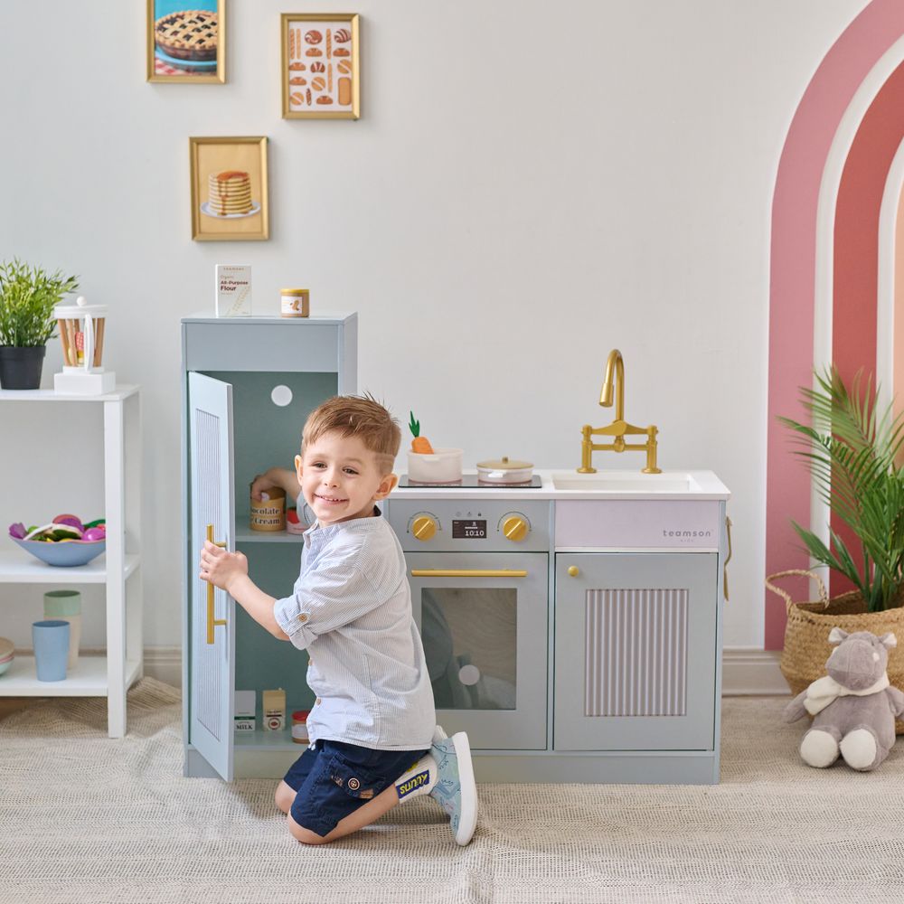 Little Chef Chester Wooden Play Kitchen with Large Fridge & Sink - Blue - Image 2