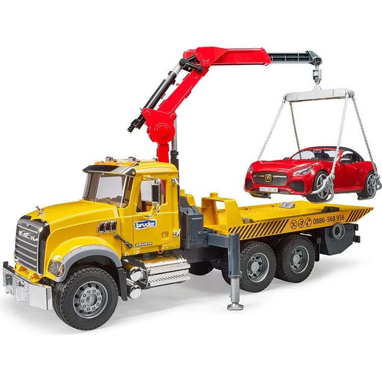 MACK Granite Tow Truck with Bruder Roadster
