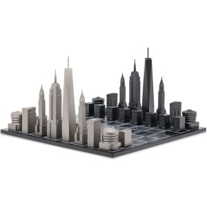 New York Edition Stainless Steel Chess Set with Wood Map Board