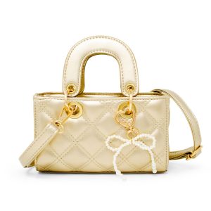 Quilted Rectangle Bow Charm Handbag - Gold