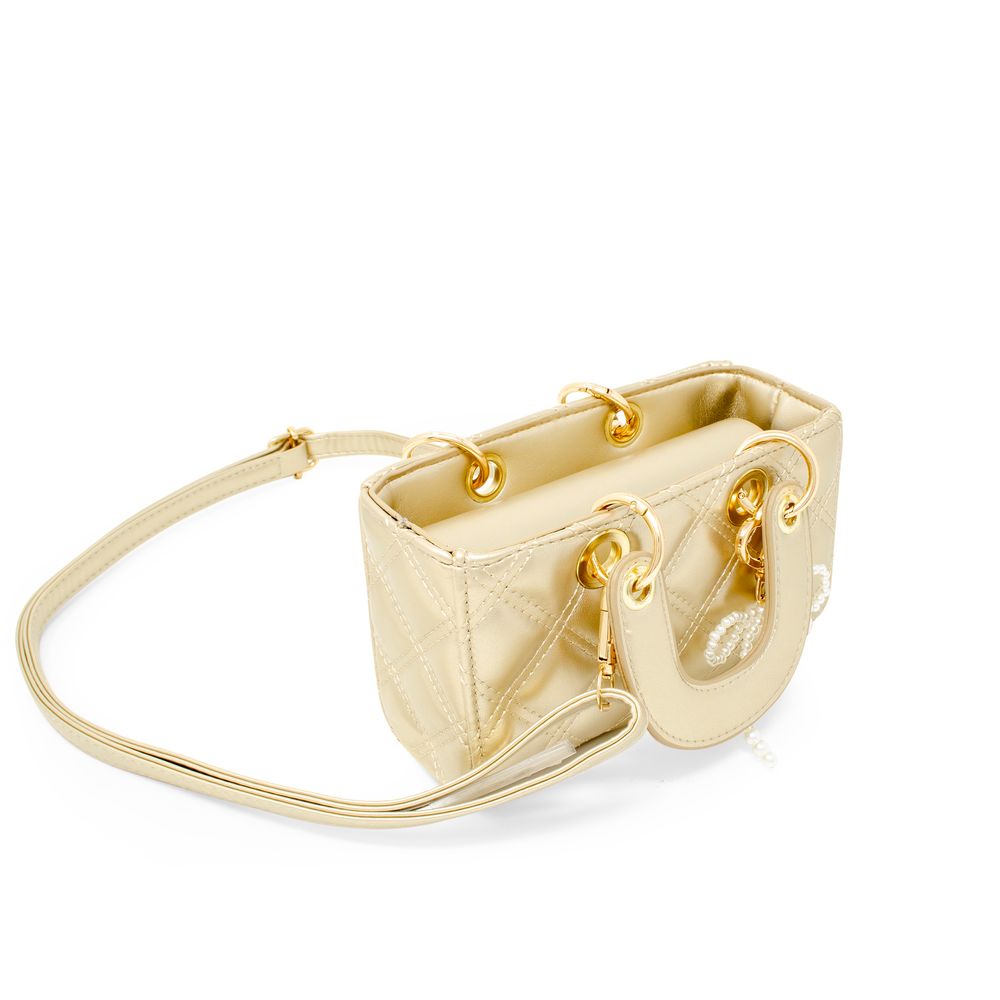 Quilted Rectangle Bow Charm Handbag - Gold - Image 2