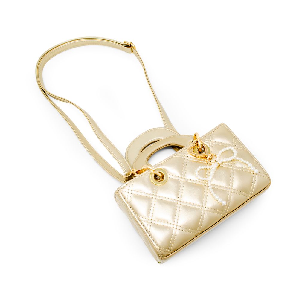 Quilted Rectangle Bow Charm Handbag - Gold - Image 3