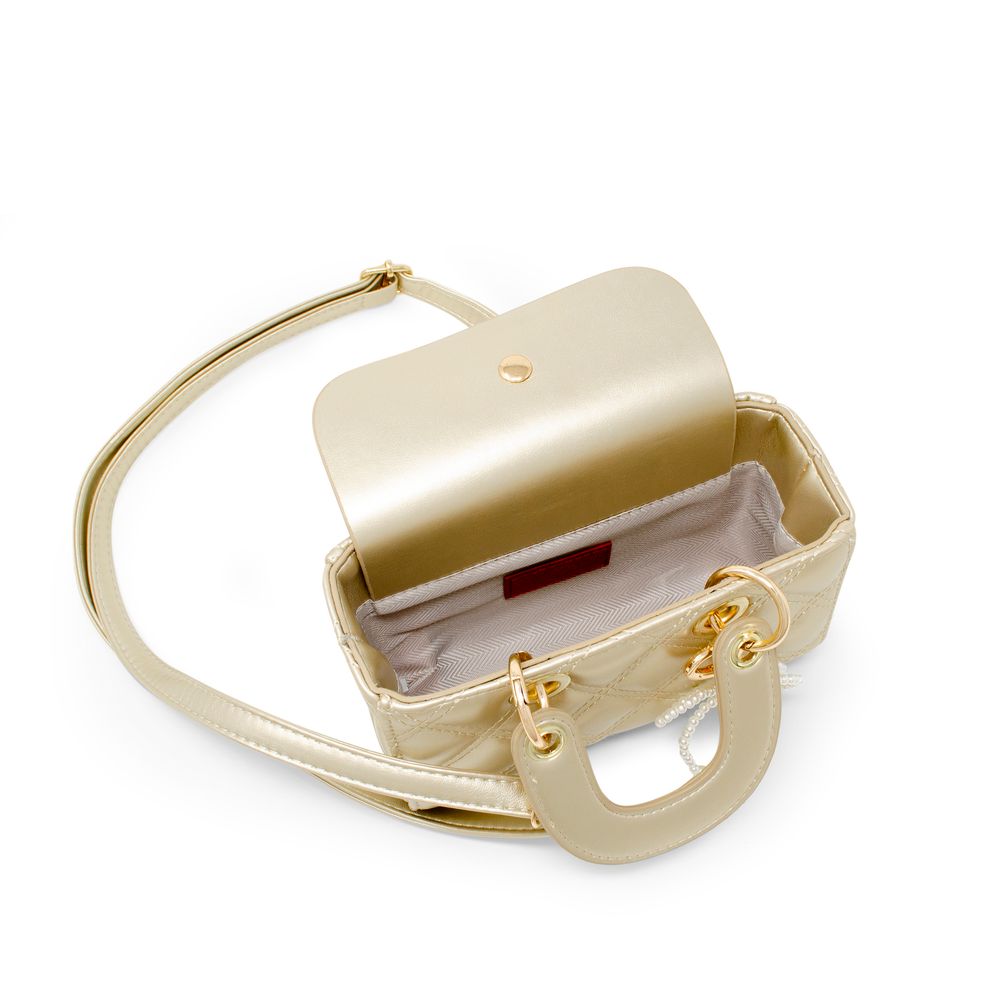 Quilted Rectangle Bow Charm Handbag - Gold - Image 5