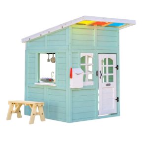 Rainbow Shade Wooden Playhouse with Kitchen. Flower Box & Bench - Blue