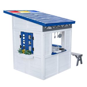 Rainbow Shade Wooden Playhouse with Kitchen. Flower Box & Bench - White
