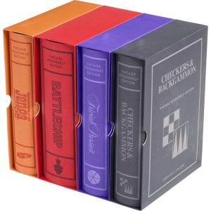 Vintage Bookshelf Assortment - 4 Pack - Jenga. Battleship. Checkers & Backgammon. Trivial Pursuit